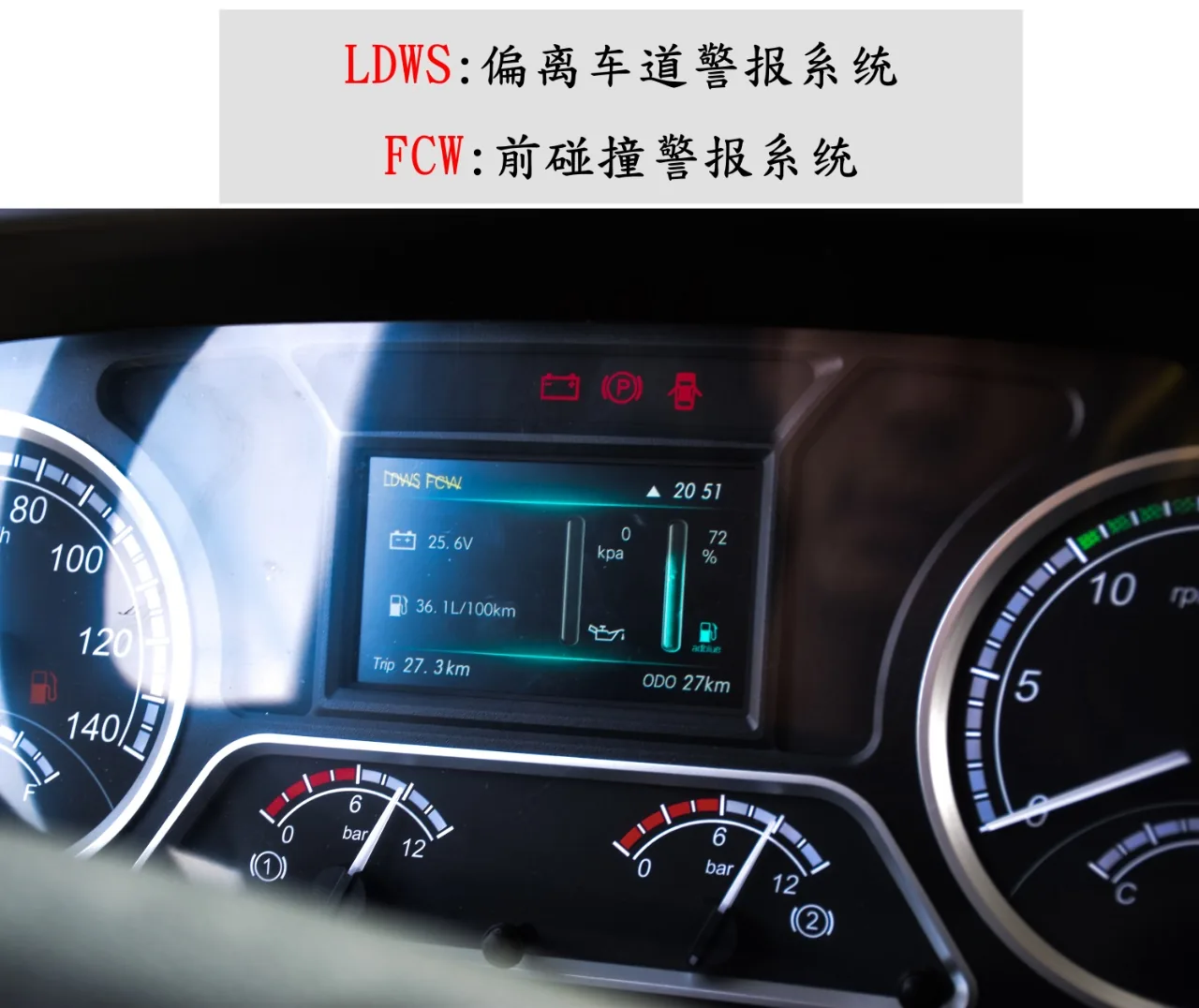 乘龙H5危险品运输车 仪表盘实拍特写：LDWS车道偏离与FCW前碰撞预警系统工作界面 + 综合行车信息显示