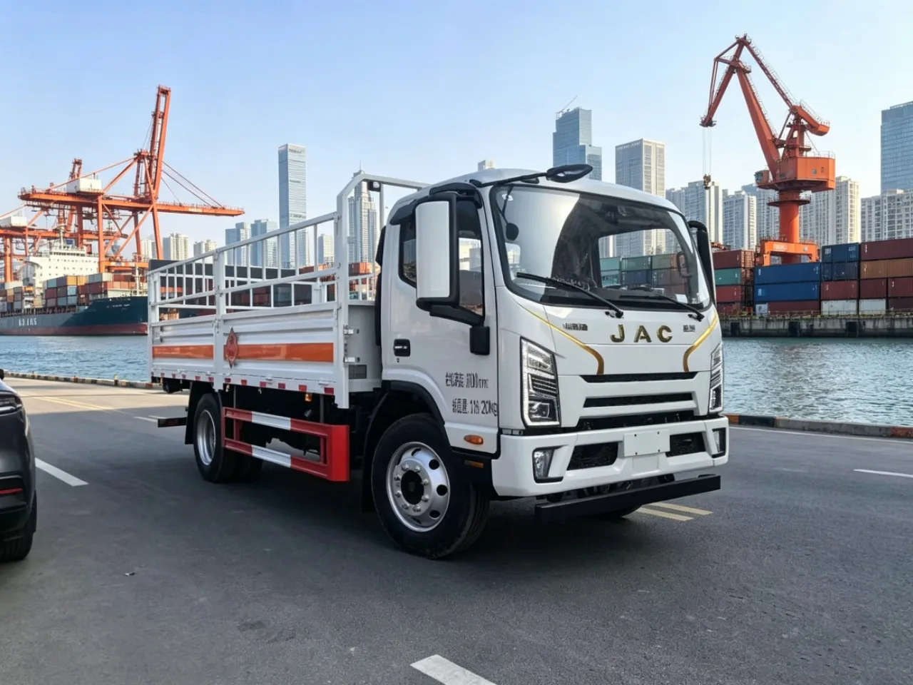 江淮骏铃S9危险品高栏运输车 左前45度实拍：JAC前脸 + 骏铃S9新款驾驶室 + 白色栏板带橙色反光条 + 菱形危险品标志
