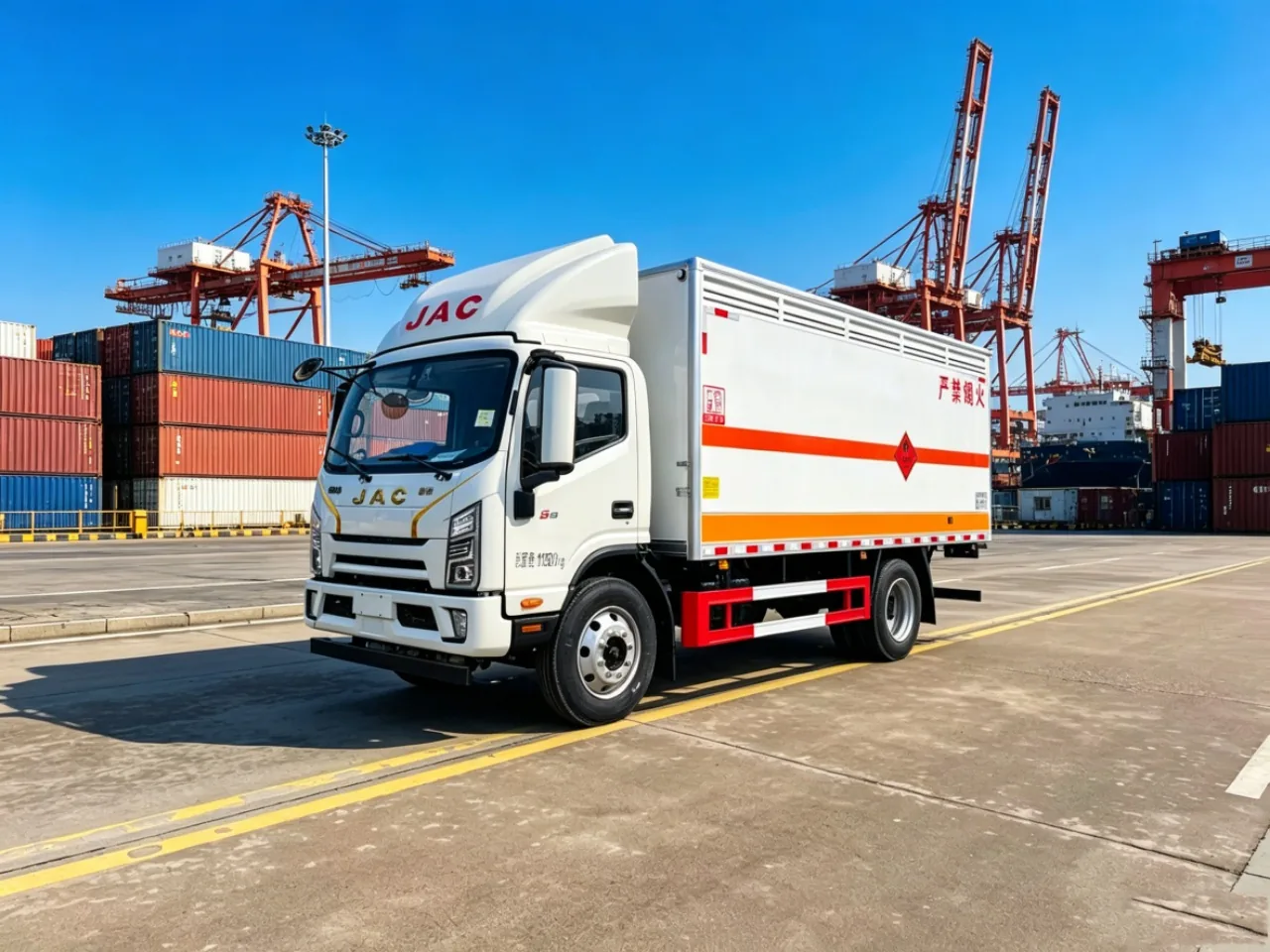 江淮骏铃S9危险品厢式运输车 左前45度实拍：JAC前脸 + 瓦楞厢体带通风栅格 + 橙色反光带 + 严禁烟火字样