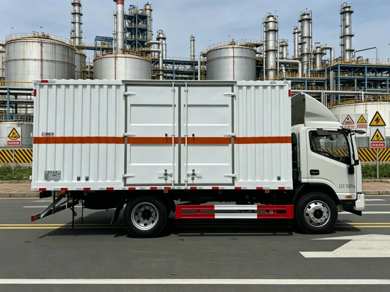 江淮骏铃S9 5.6米危险品厢式运输车 左侧正侧面实拍：白色瓦楞厢体贯通 + 橙色反光条 + 侧对开门 + 红白侧防护栏