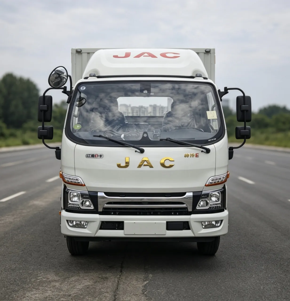 江淮帅铃E蓝牌危货车 前脸特写 JAC车标+帅铃E标识